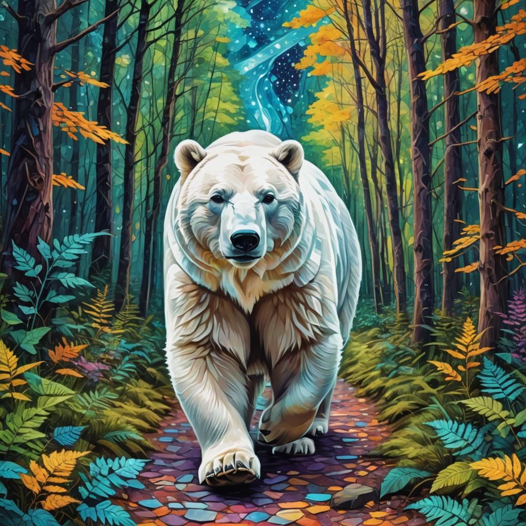 White Bear on Forest Path: Abstract Astral Illustration