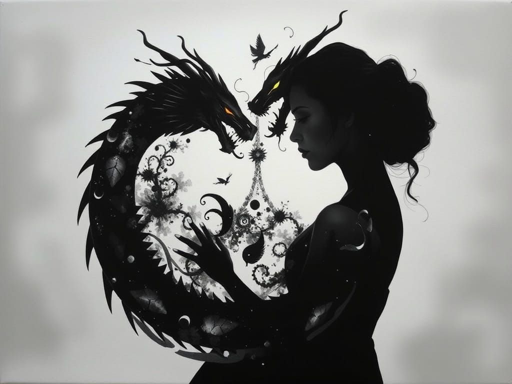 Surreal Yin-Yang Portrait of a Double-Exposure Dragon in Obs...