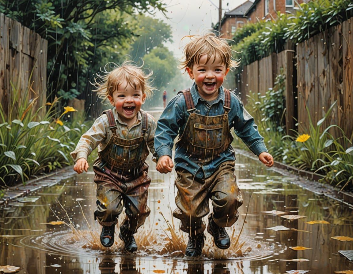 Whimsical Children Leap into Puddles in a Vibrant, Impressio...