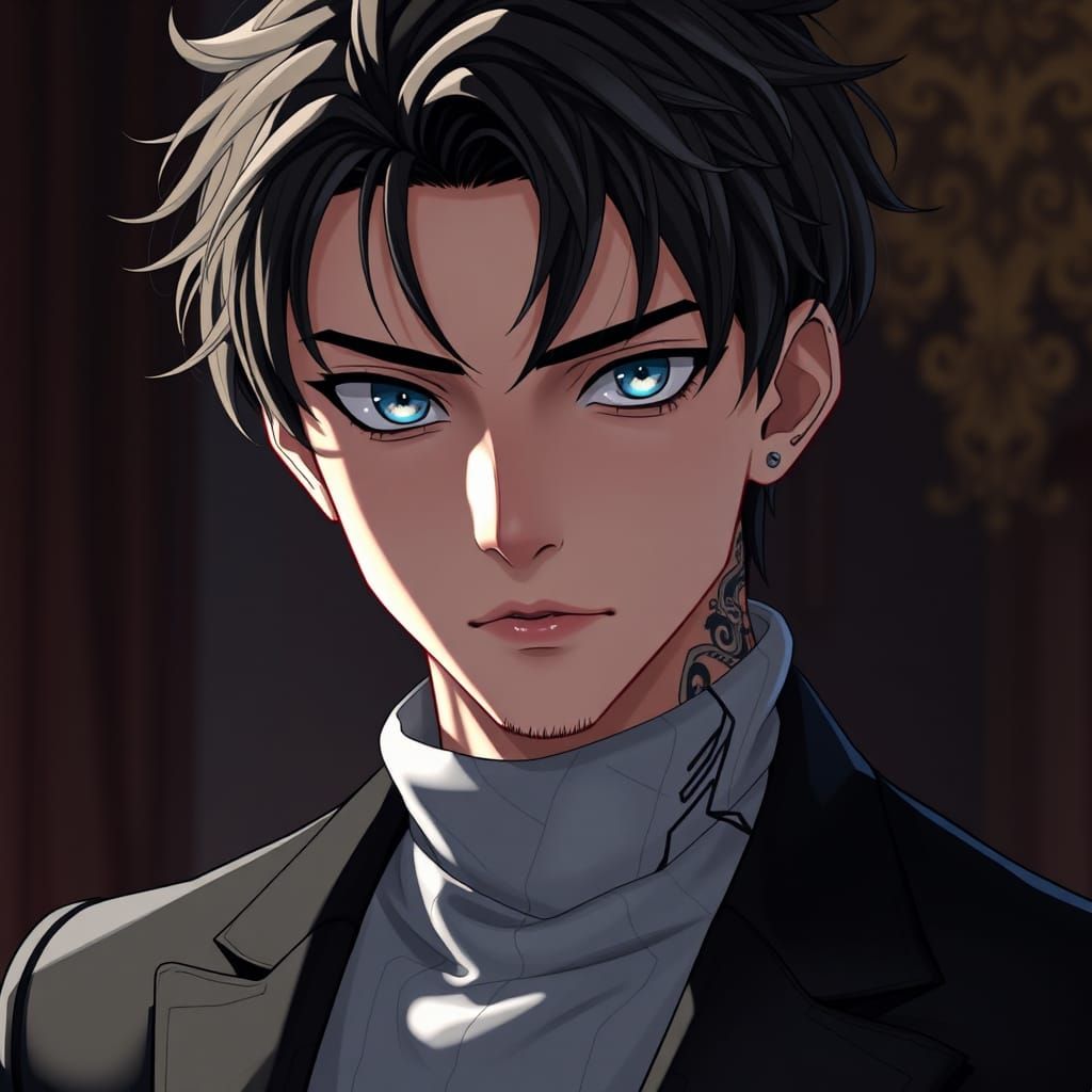 Anime Boy with Tattoos in Sleek Suit
