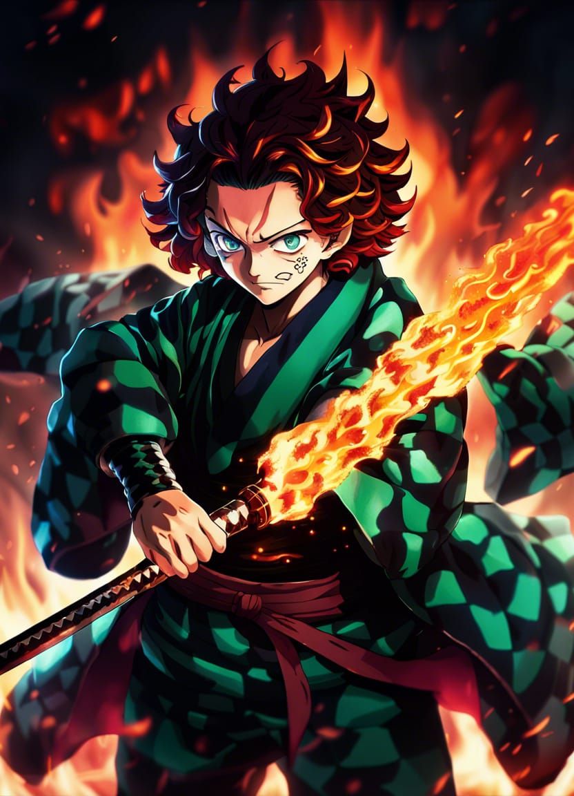Tanjiro Kamado with Flaming Sword, Matte Painting