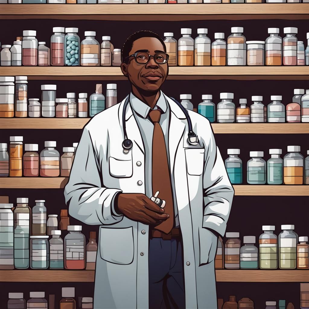 African American Pharmacist Poses Before Pill Shelves