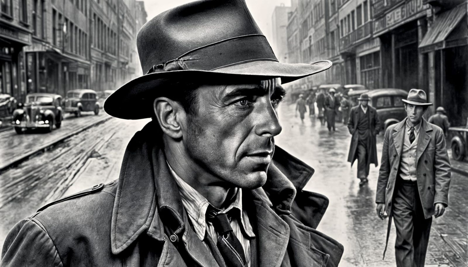 Film Noir Detective in 1940s Style Illustration