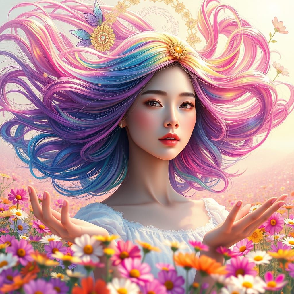 Whimsical Fantasy Scene with Rainbow-Hued Hair and Vibrant W...