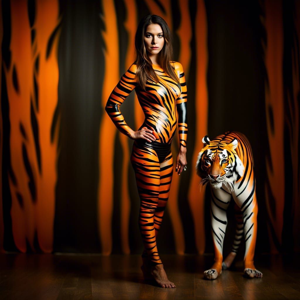 Woman Body Painted with Tiger Stripes, Professional Photogra...
