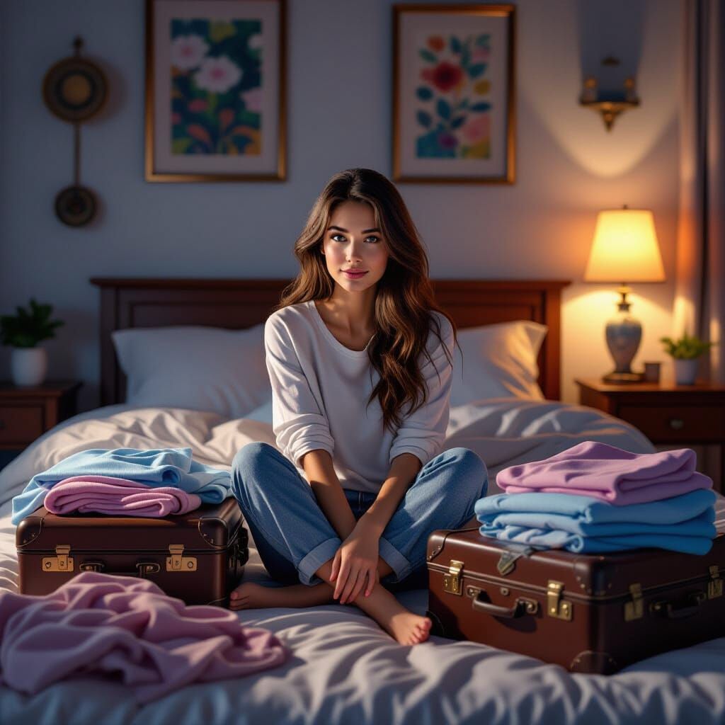 Woman Unpacking in Cozy Room with Dynamic Lighting