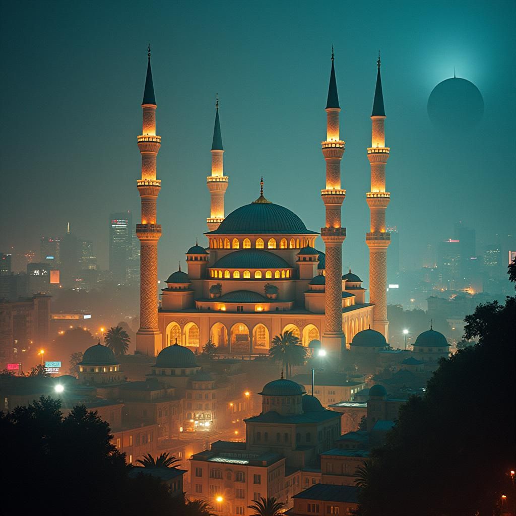 Futuristic Islamic Cityscape with Neon Lights