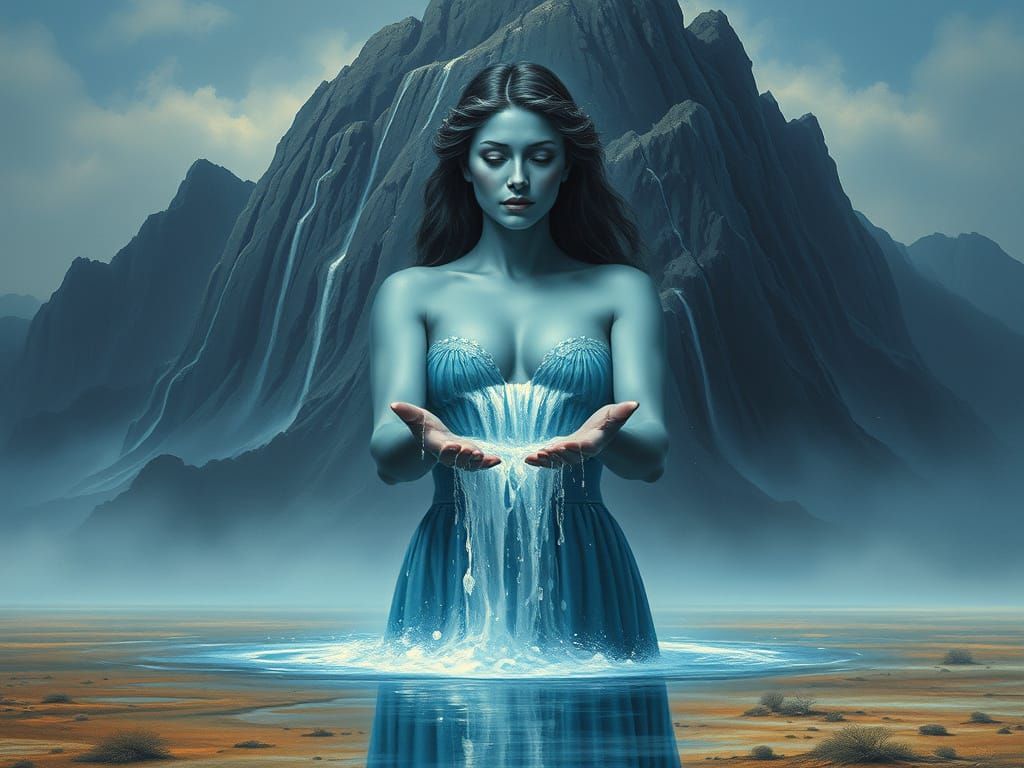 goddess of water bringing life to a baron landscape