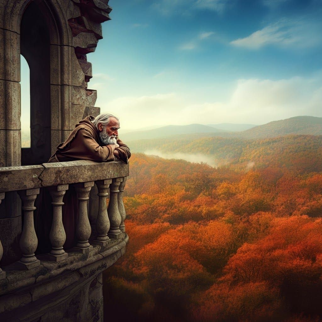 Contemplative Elder Observes Autumnal Vista