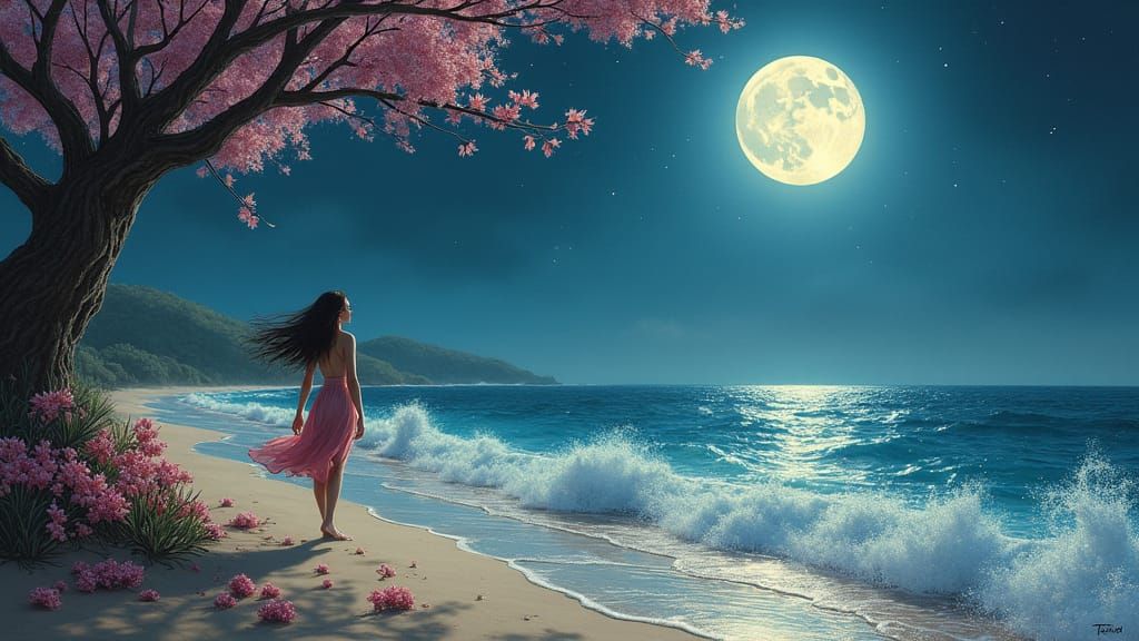 Enchanted Moonlit Beach Scene in Dreamy Surrealism