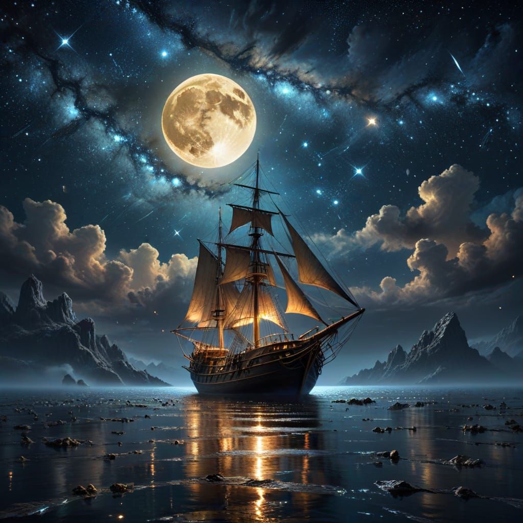 Golden Sailboat Under Sparkling Full Moon in Impressionist S...
