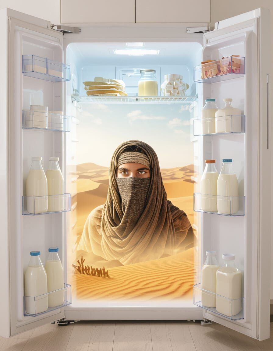Surreal Fridge: Desert Oasis Behind Dairy Door