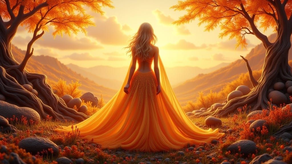 Golden Landscape with Blonde Woman in Luminist Style