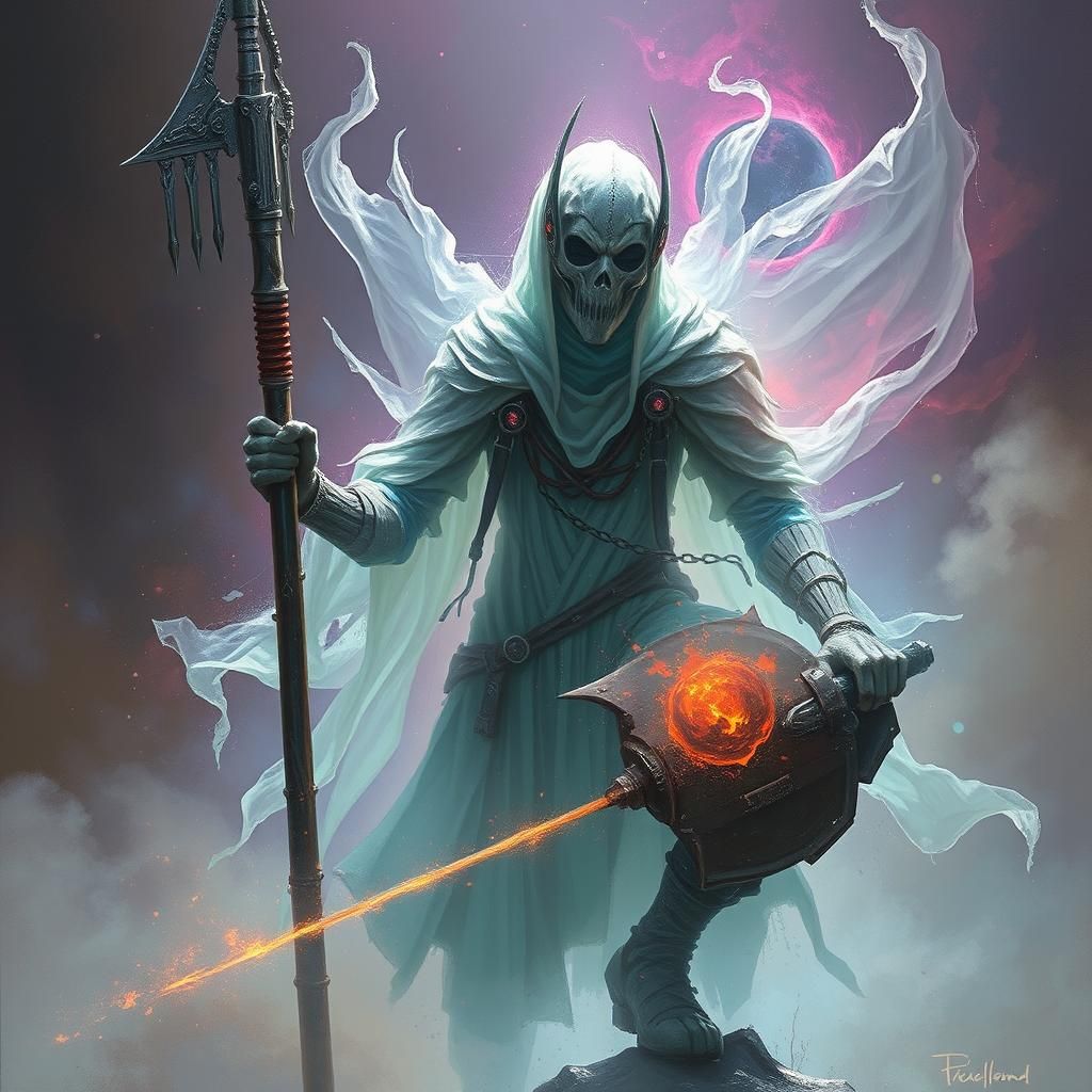 Ethereal Ghostpunk Warrior in Aetherpunk Style