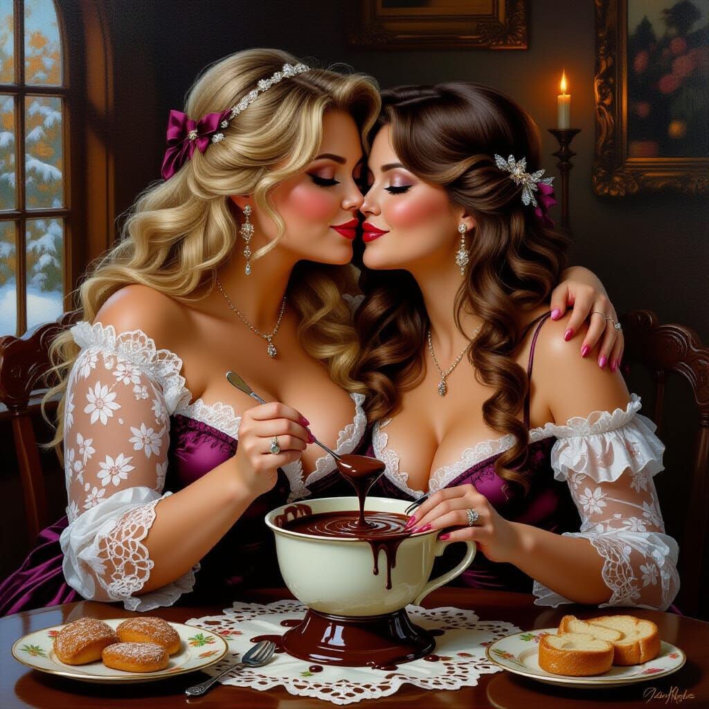 Romantic Kitchen Scene: Two Cooks Making Chocolate Fondue