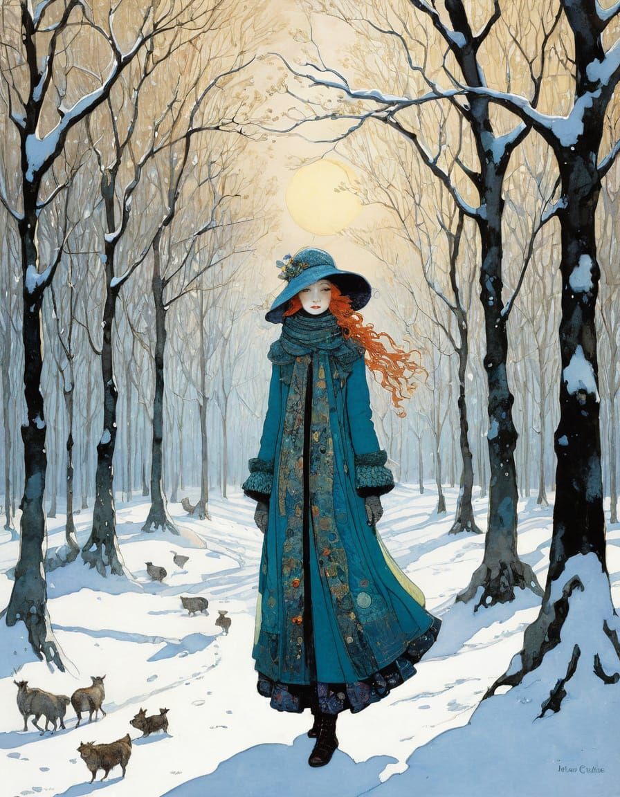 Winter Scene in Art Nouveau Style