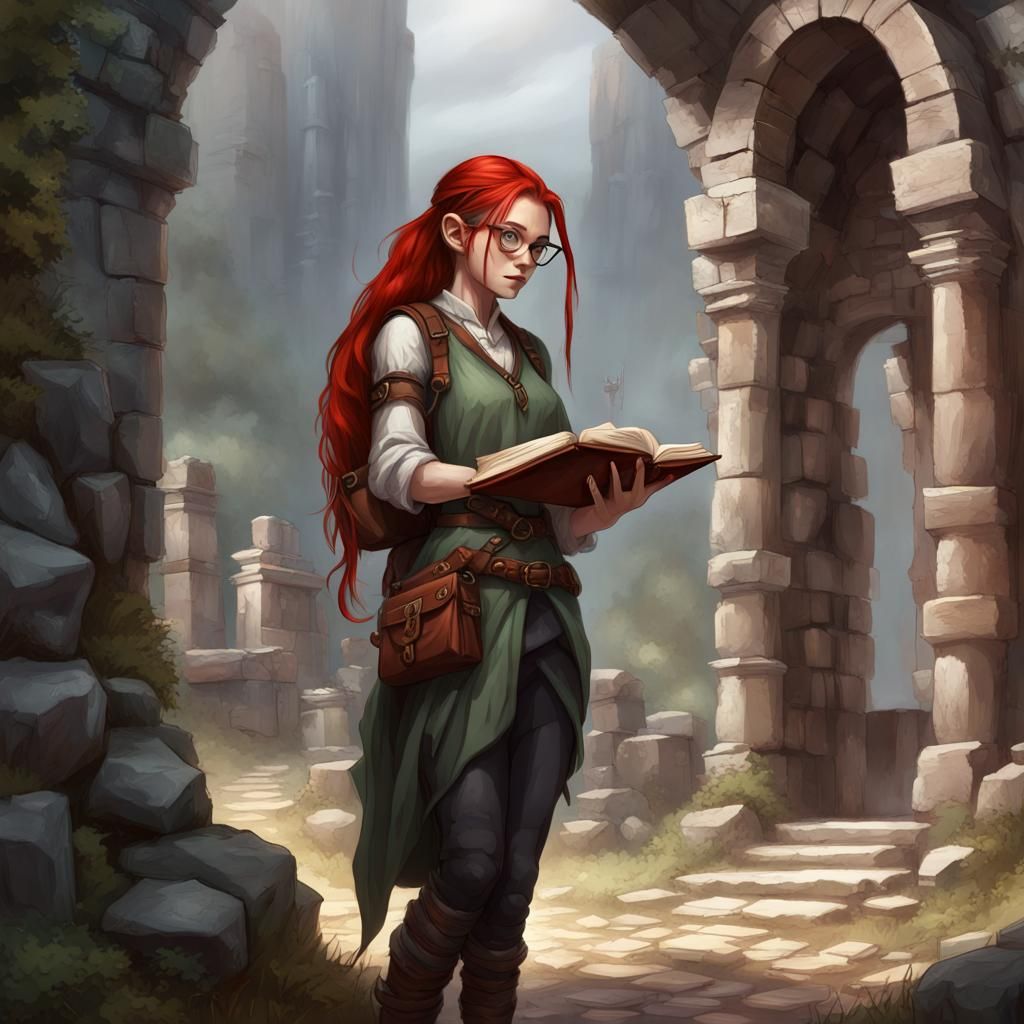 Red-Haired Elf Scholar in Ancient Ruins