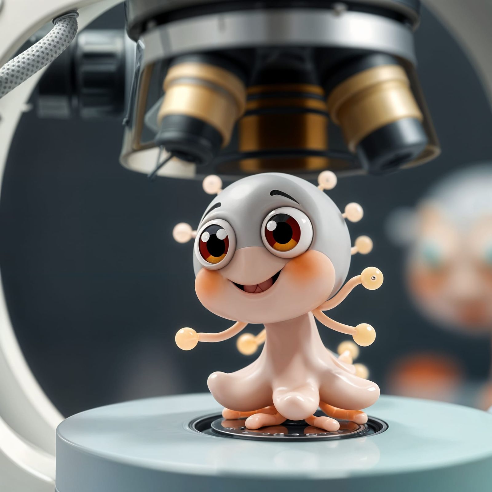 Cute Cartoon Bacterium With Googly Eyes Peers Through Micros...