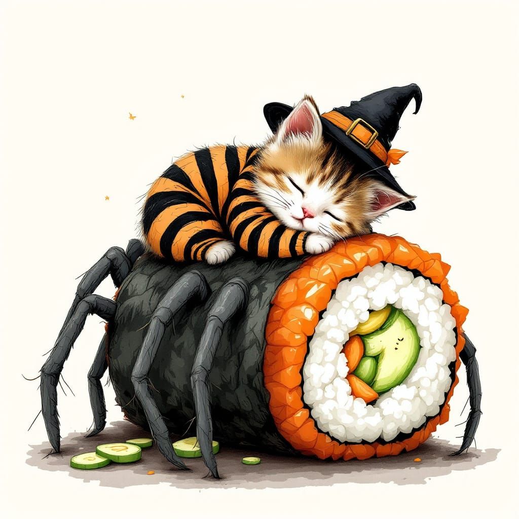 Halloween Kitten Dreams of Spider Sushi in Kawaii Art