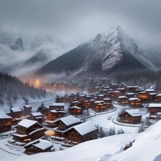 Winter Blizzard Engulfs Mountain Village