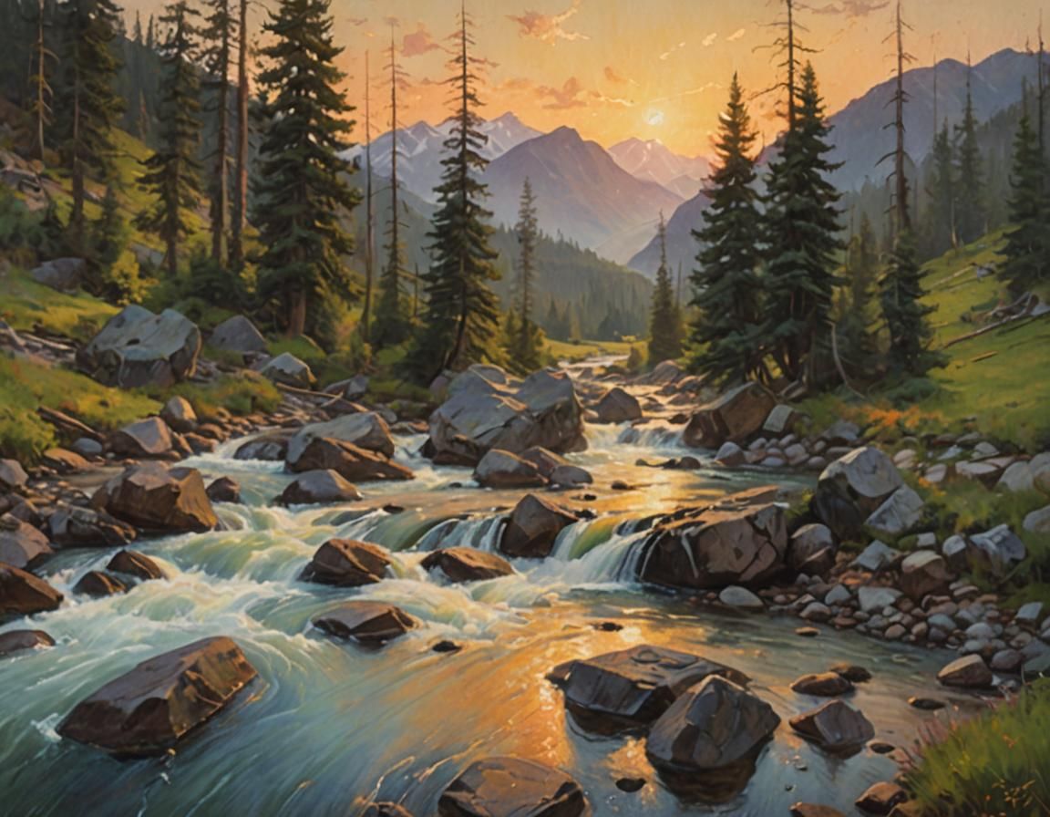 Mountain River Crossing in Impressionist Oil Painting Style