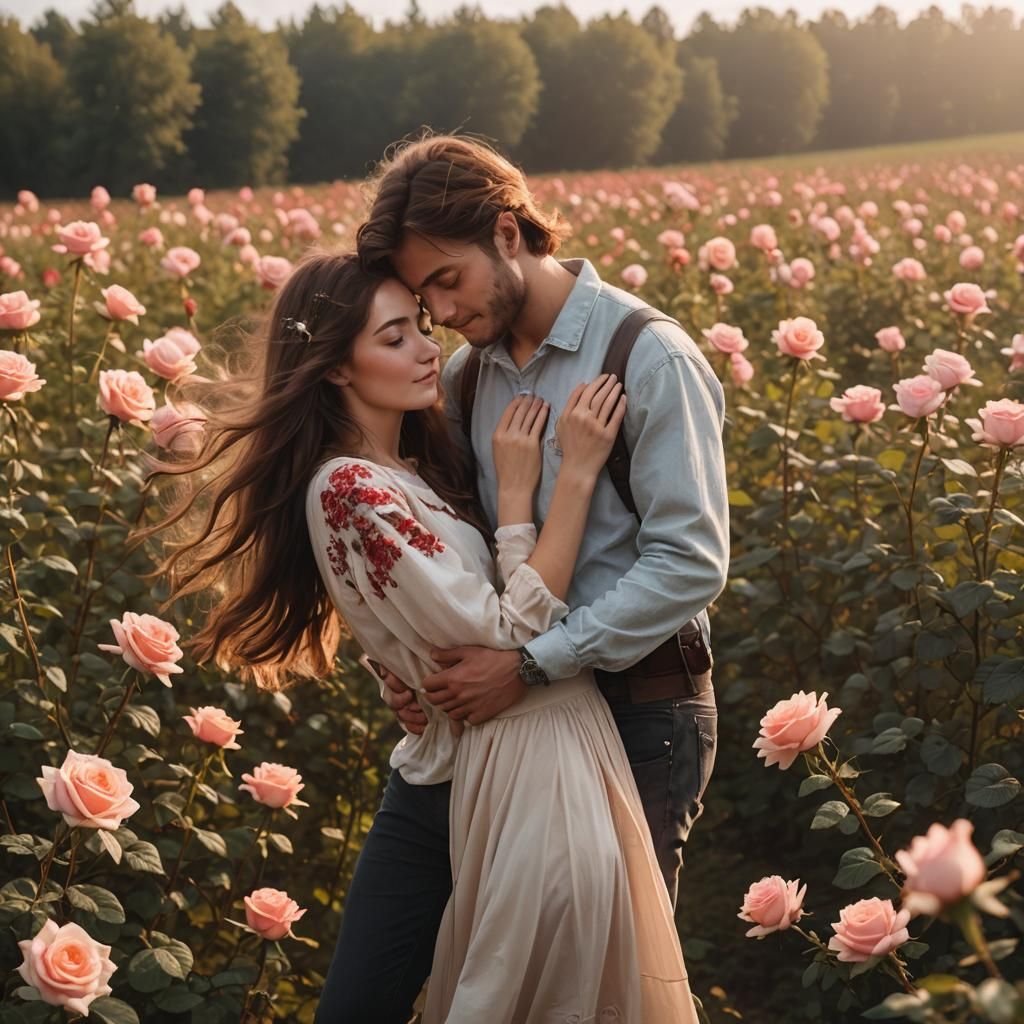 Romantic Embrace in Rose Garden with Magical Light