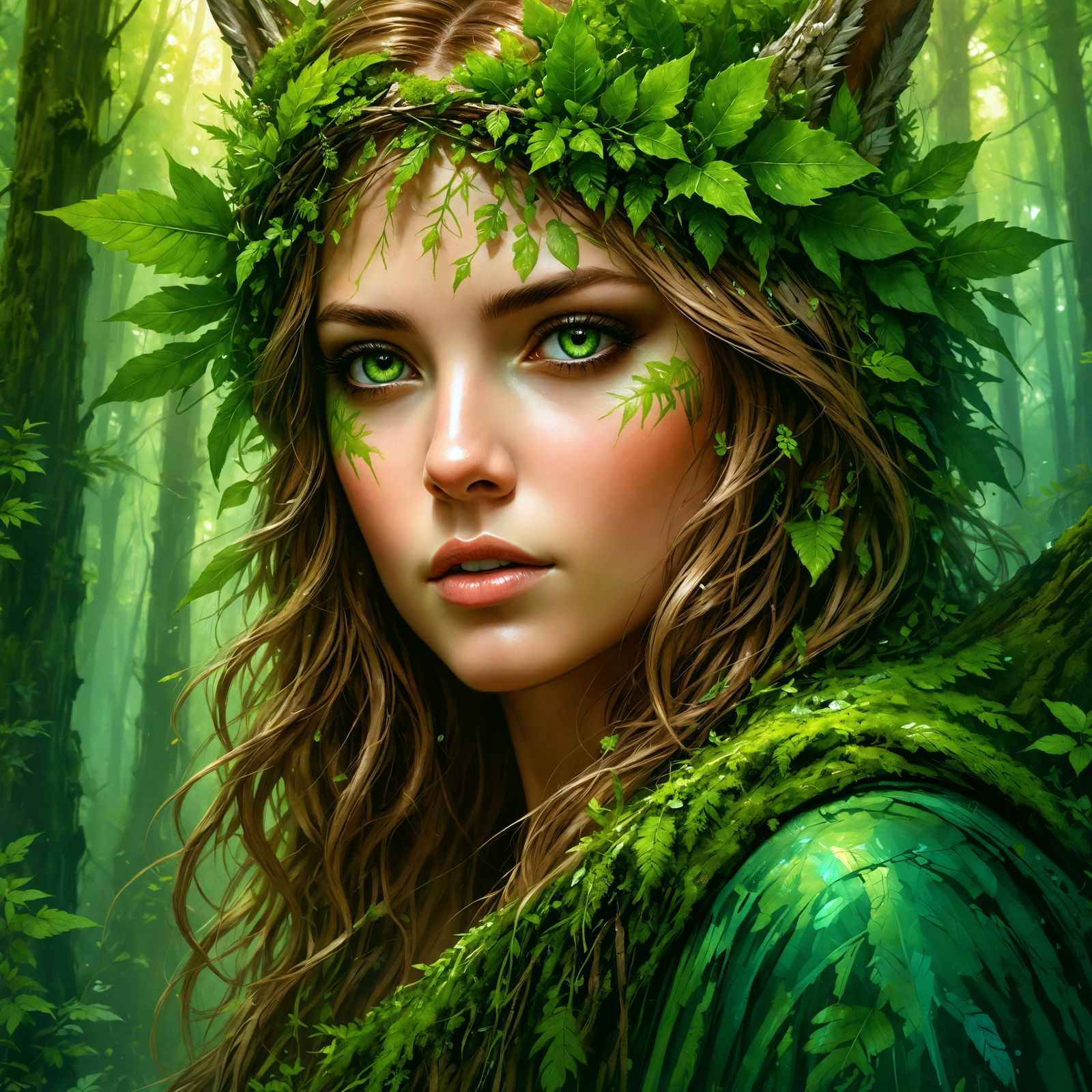 Enchanting Forest Girl Portrait in Metallic Colors