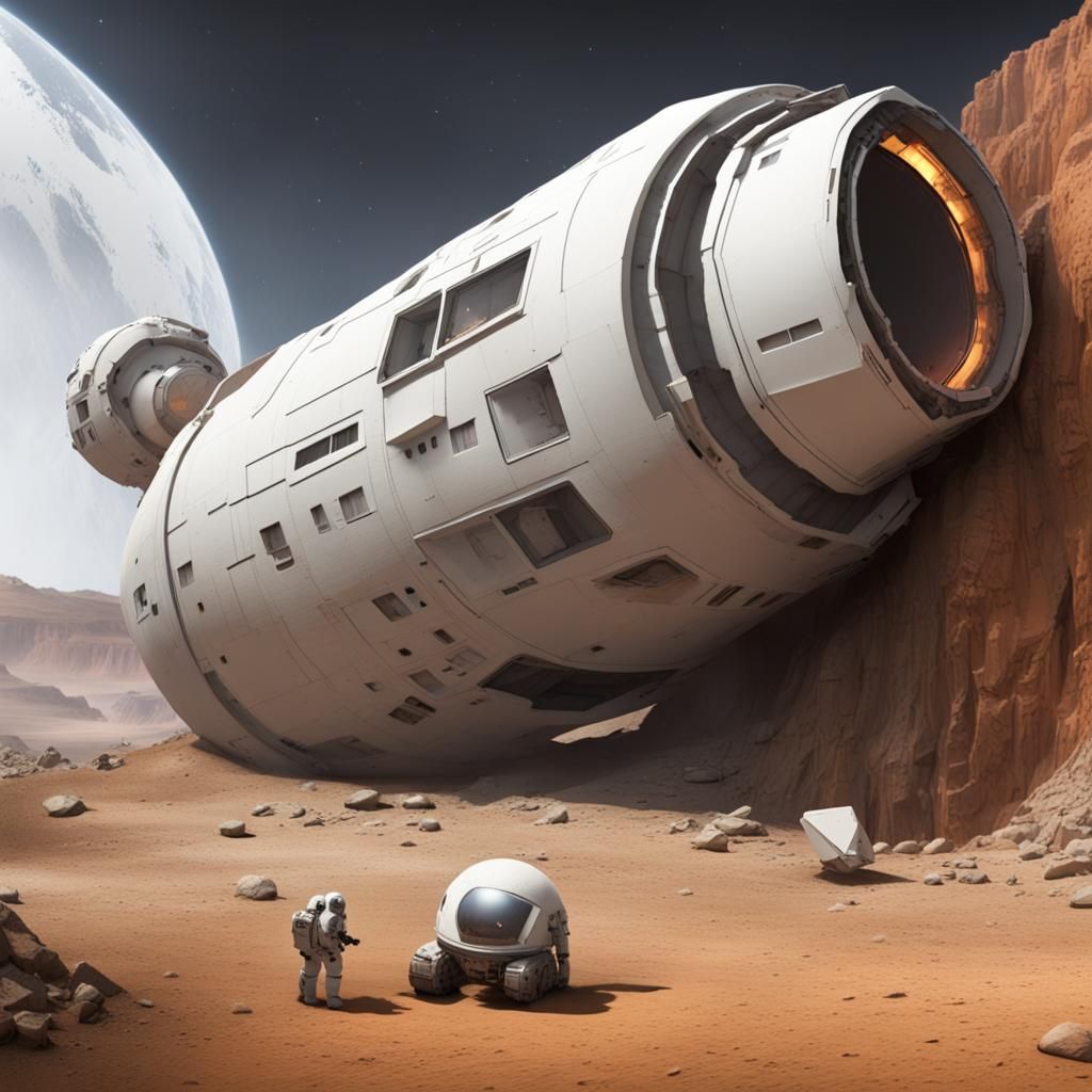 Crashed White Spacepod in a Quarry Landscape