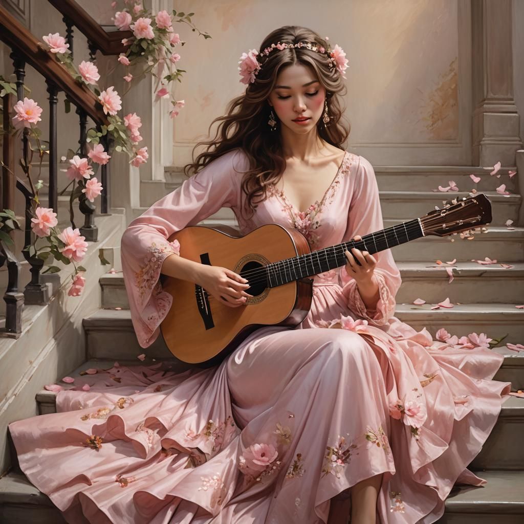 Woman in Floral Gown Plays Guitar