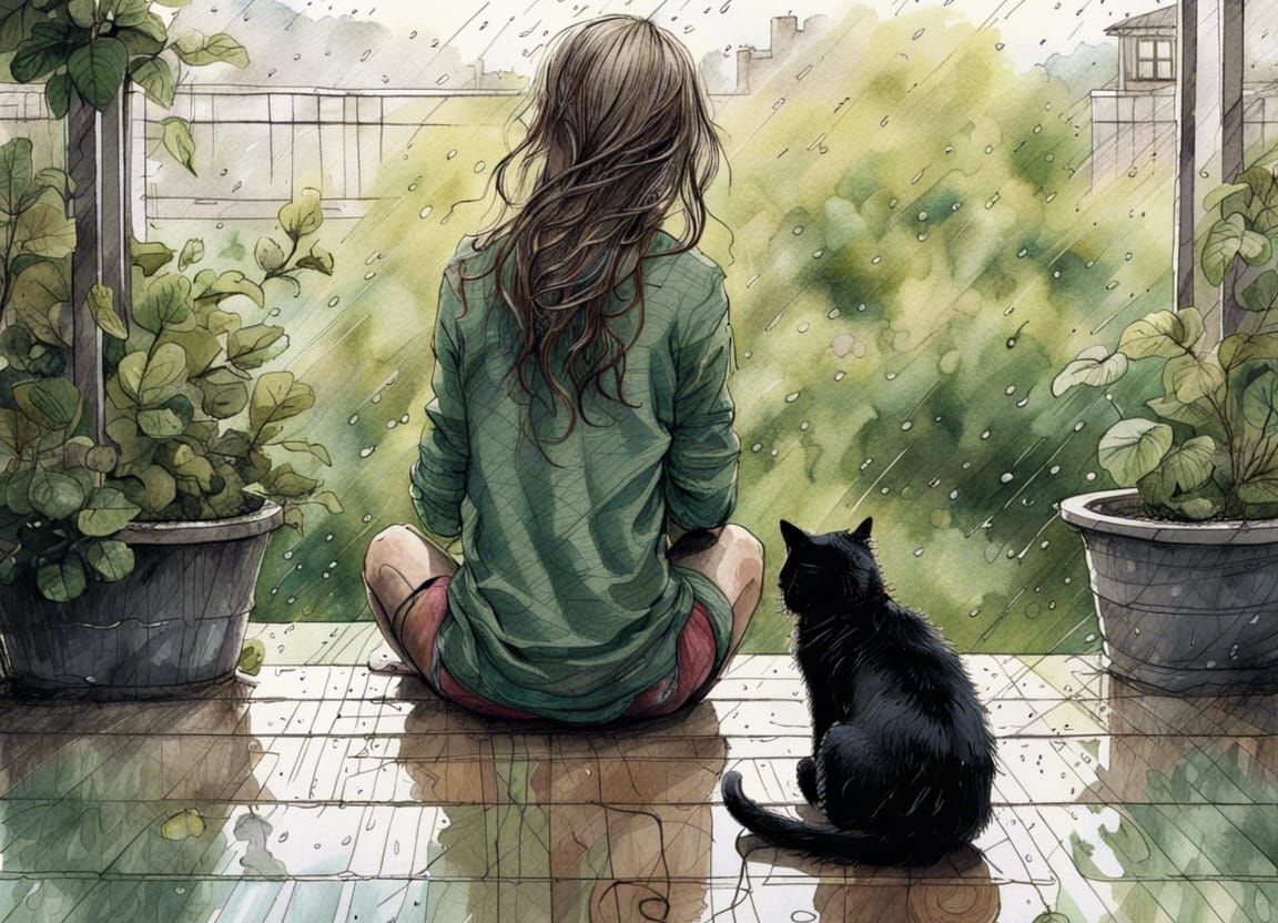 Girl and Cat Watching Rain: Hyperdetailed Digital Art