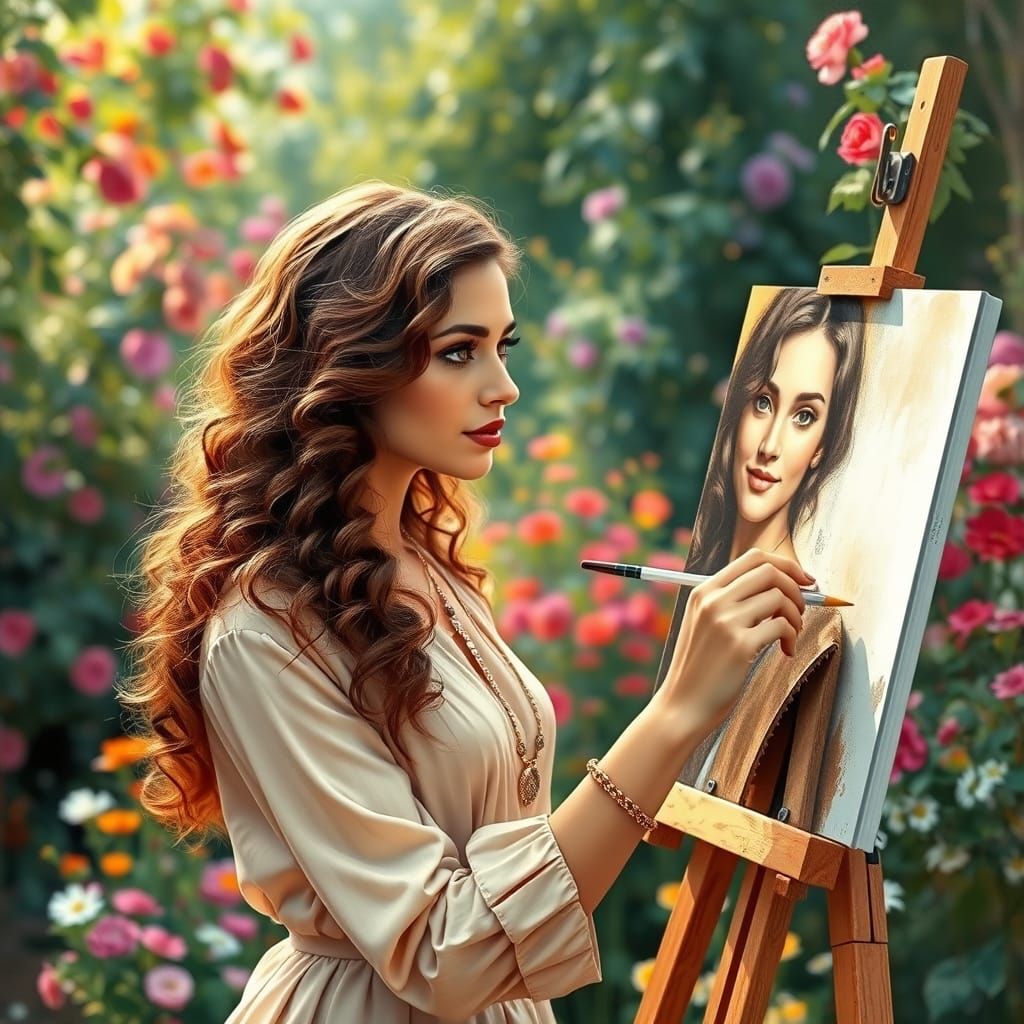 Woman in Monet Garden Sketches Self-Portrait