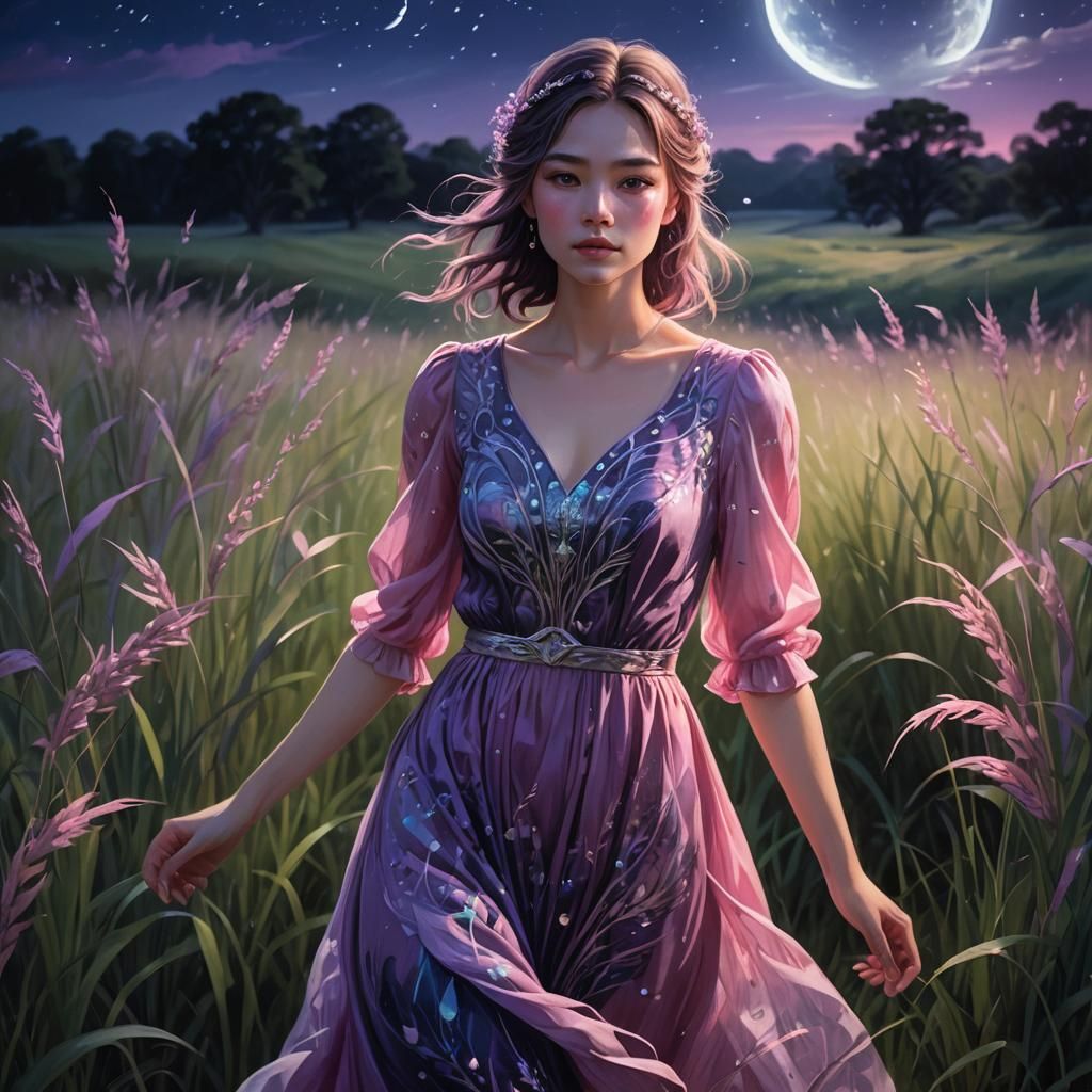 Ethereal Girl in Moonlit Field, Digital Painting