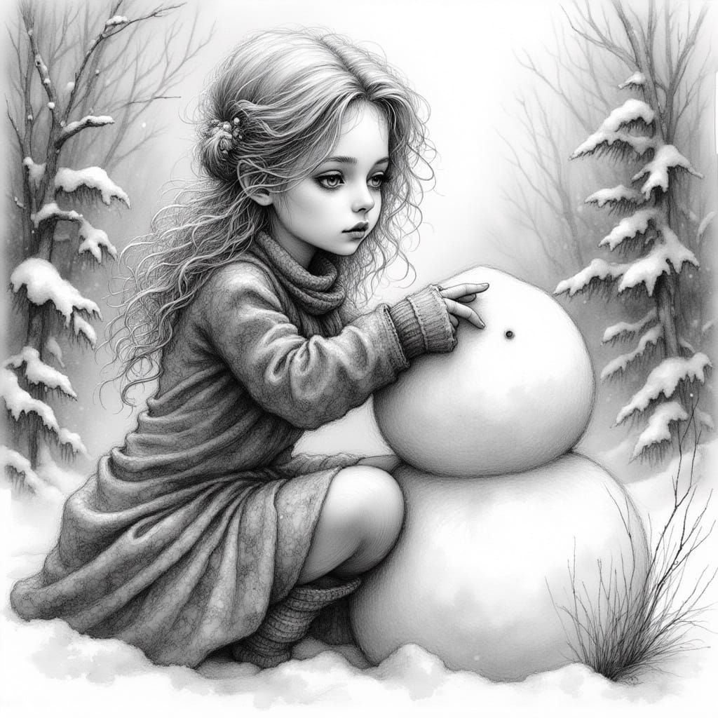 Young Fairy Girl Building Snowman in Pencil and Charcoal Sty...