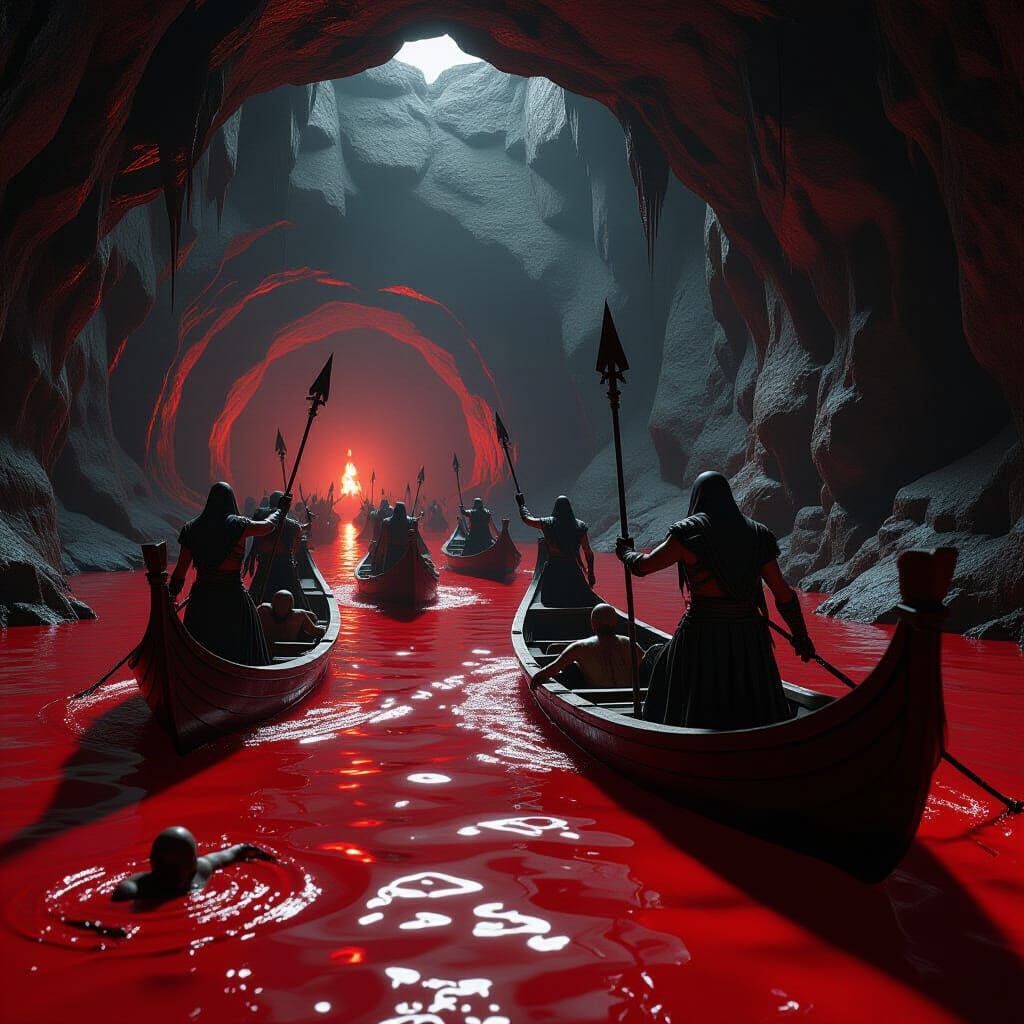 Demons on River Styx in Dark Cave