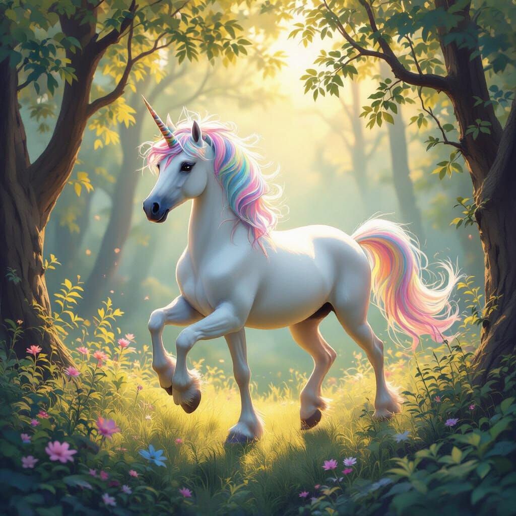Majestic Unicorn in Enchanted Forest, Pastel Rainbow Mane