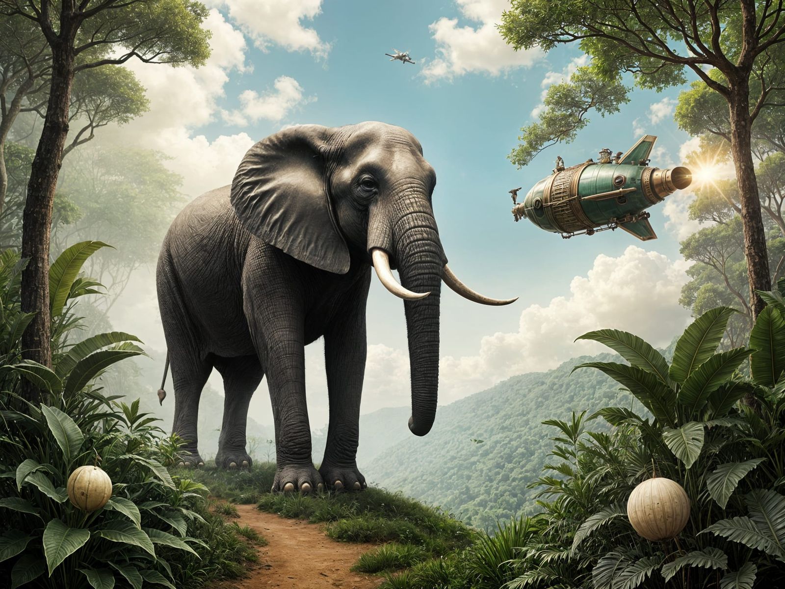 Elephant Guarding Jungle Trail with Steampunk Rocket
