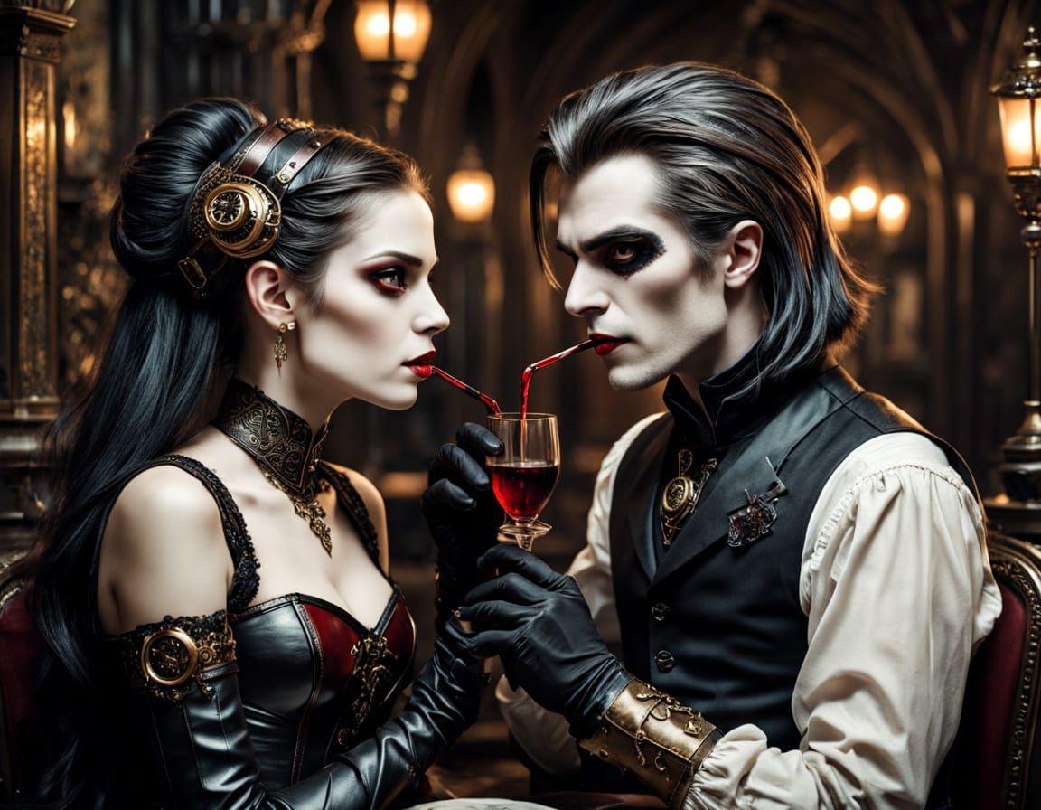 Steampunk Vampire Couple Shares a Romantic Glass of Blood in...