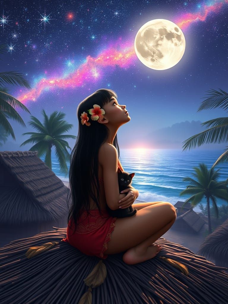 Serene Samoan Girl Under Starry Night Sky