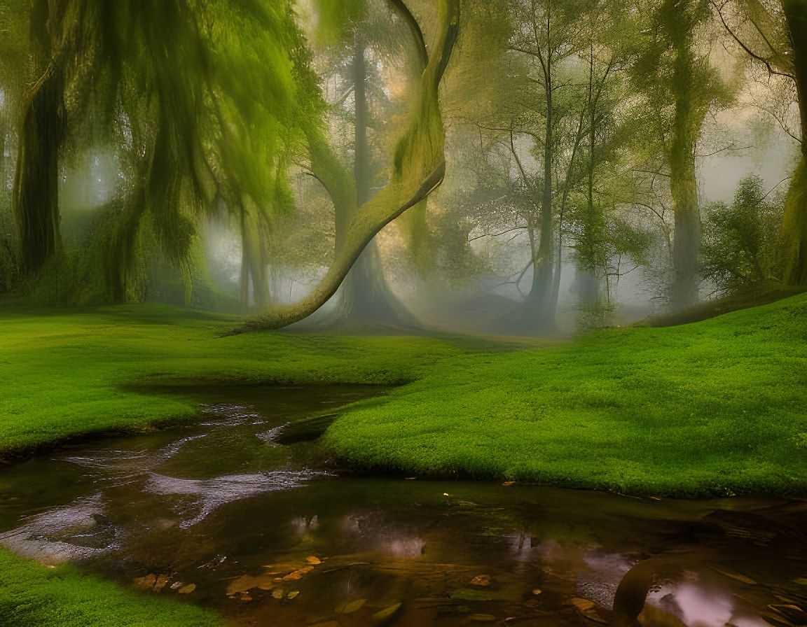 Ethereal Forest with Luminescent Trees and Waterfall