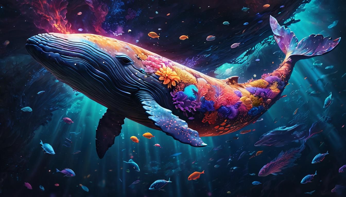 Flying Whale with Cosmic Aura, Bioluminescent Art