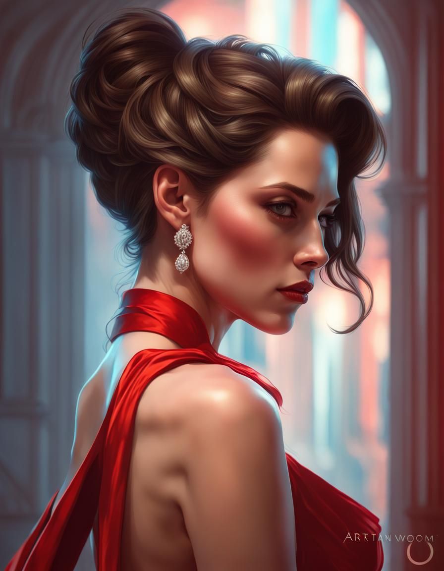 Brunette in Red Dress, Hyperdetailed Portrait