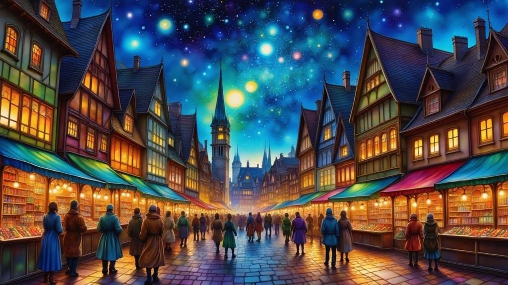 Medieval Nighttime Market Scene in Vibrant Colors