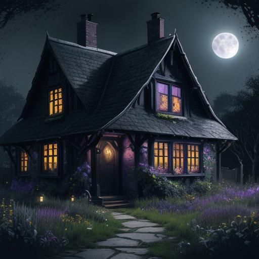 Witches Cottage with Black Cat in Dark Fantasy Style