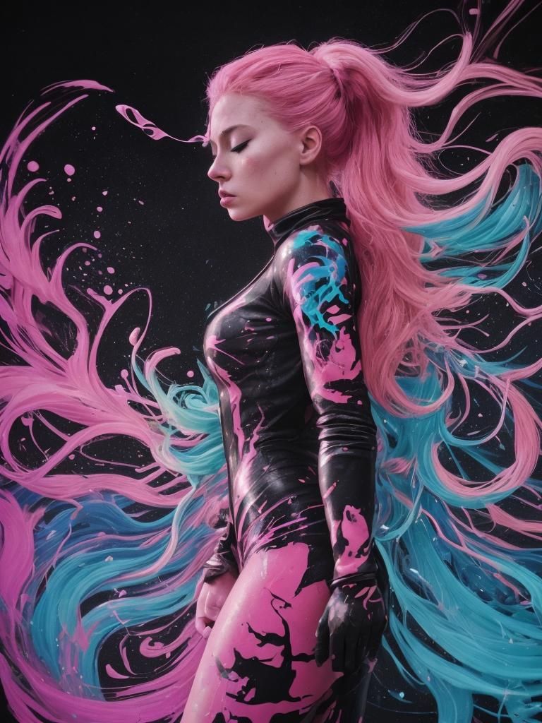 A beautiful woman with hair made of glowing pink flames, silhouette on black background, full body shot, head tilted bac...