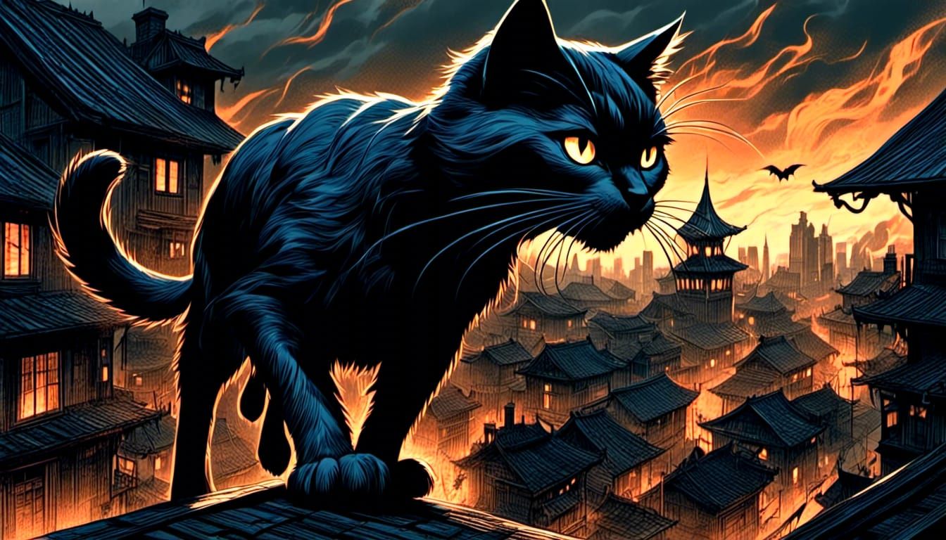 Ninja Black Cat Superhero in Comic Book Style