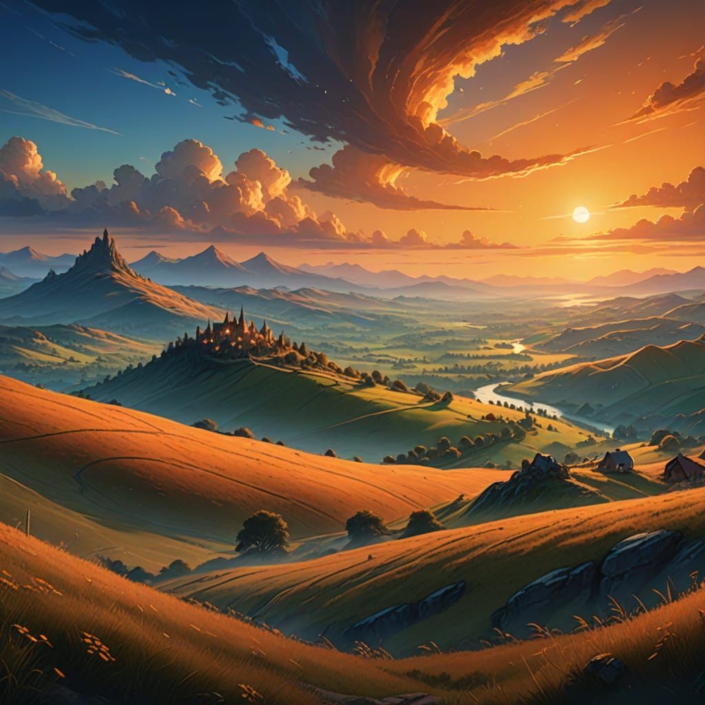 Vibrant Sunset in a Mystical Fantasy Landscape