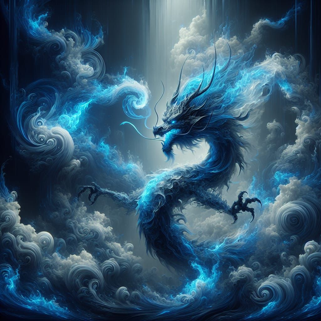 Dragon Ghost Emerges From Blue Fire: 8K Digital Art