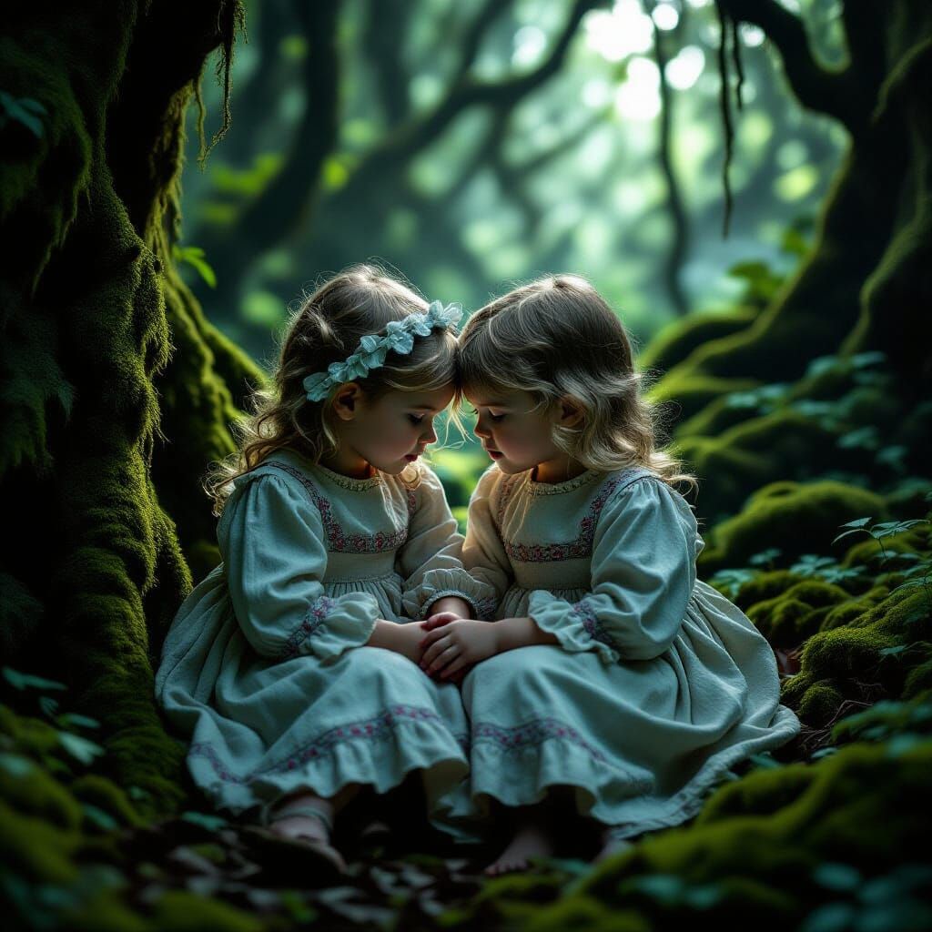 Twin Girls in Overgrown Forest with Ethereal Glow