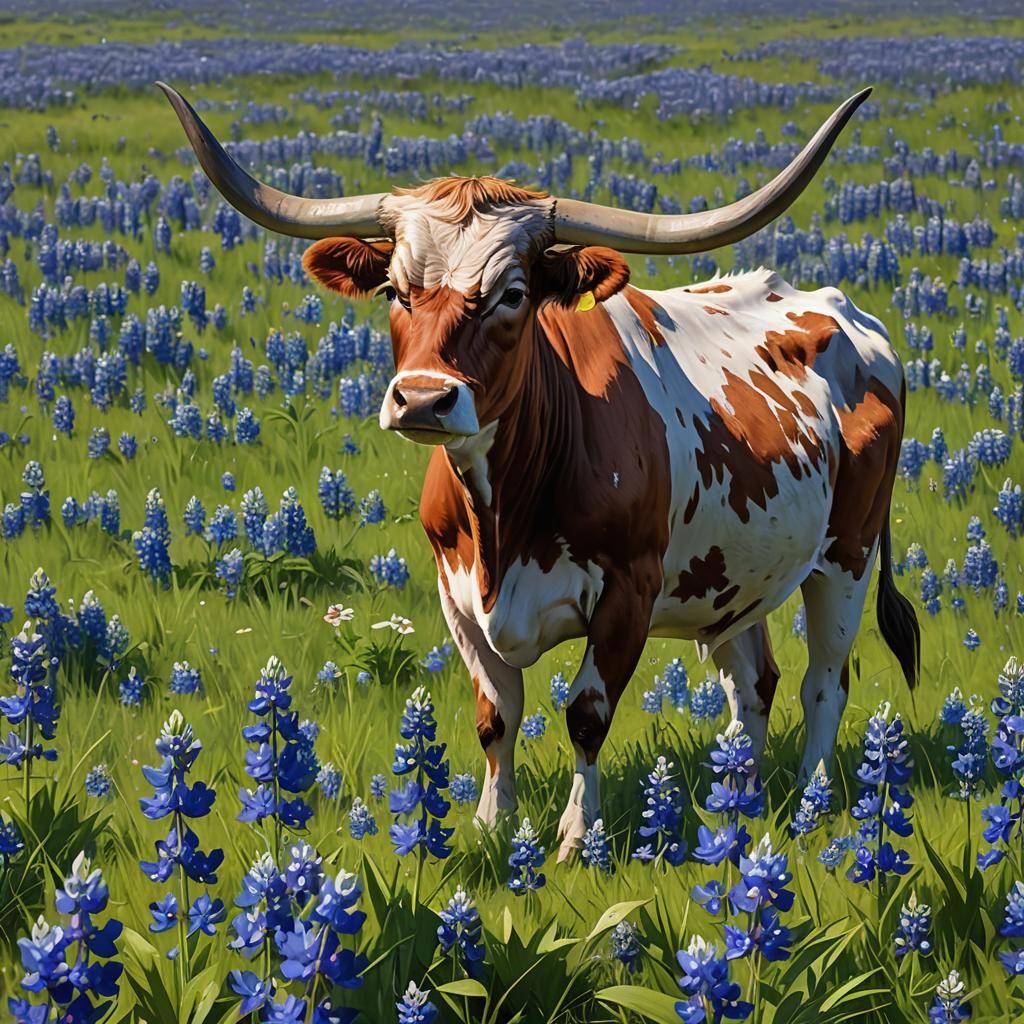 Longhorn Cow in Bluebonnet Field: 3D Anime Art