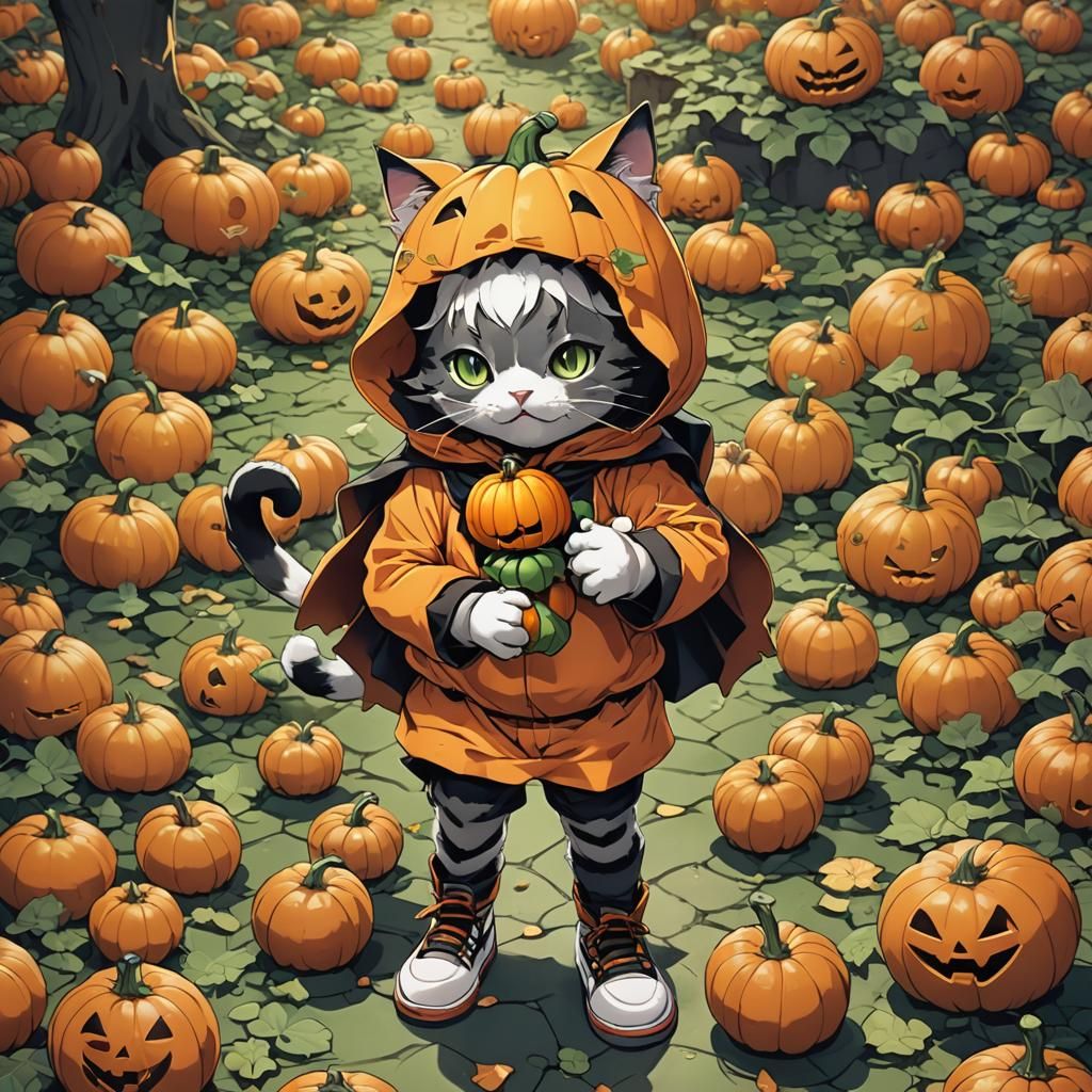 Cat in Pumpkin Costume Anime Style